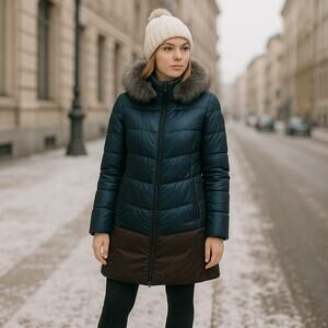 1st Avenue Lambskin‎ Racoon Fur Down Filled Brown Puffer long line Coat size S